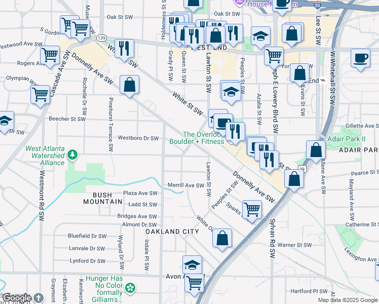 map of restaurants, bars, coffee shops, grocery stores, and more near 1122 Richland Road Southwest in Atlanta