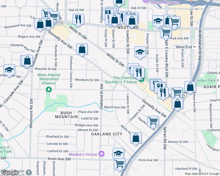 map of restaurants, bars, coffee shops, grocery stores, and more near 903 Hall Street Southwest in Atlanta