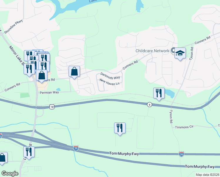 map of restaurants, bars, coffee shops, grocery stores, and more near 2079 Dartmoth Way in Villa Rica
