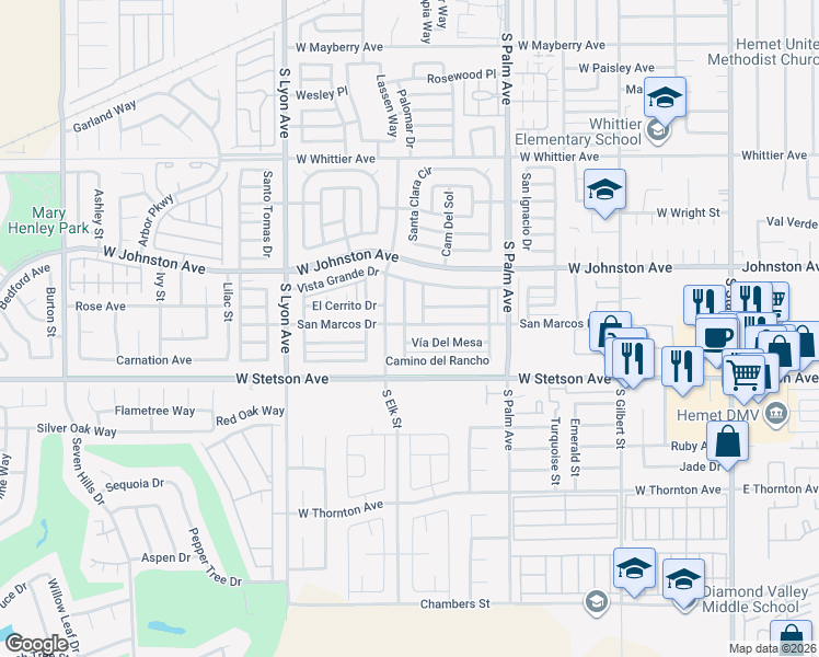 map of restaurants, bars, coffee shops, grocery stores, and more near 1199 San Marcos Drive in Hemet