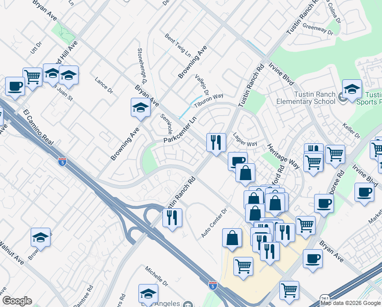 map of restaurants, bars, coffee shops, grocery stores, and more near 13596 Eucalyptus Street in Tustin