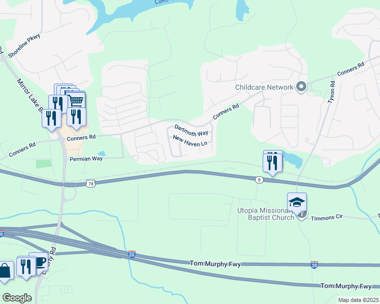 map of restaurants, bars, coffee shops, grocery stores, and more near 2079 Dartmoth Way in Villa Rica