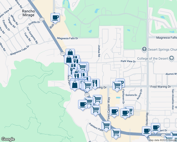 map of restaurants, bars, coffee shops, grocery stores, and more near 72280 California 111 in Palm Desert