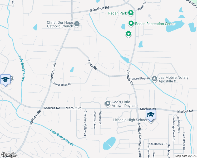 map of restaurants, bars, coffee shops, grocery stores, and more near 6150 Kenton Oaks Court in Lithonia