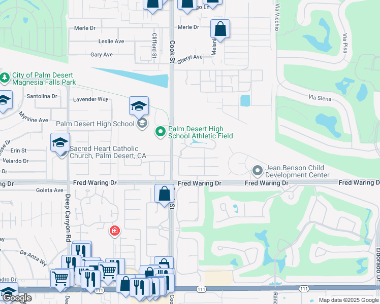 map of restaurants, bars, coffee shops, grocery stores, and more near 43376 Cook Street in Palm Desert