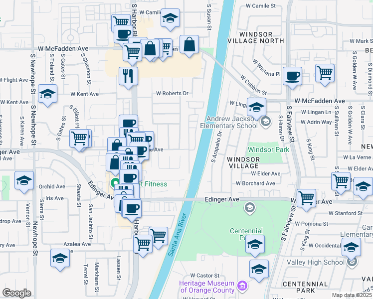 map of restaurants, bars, coffee shops, grocery stores, and more near 12300 West Lilac Avenue in Santa Ana