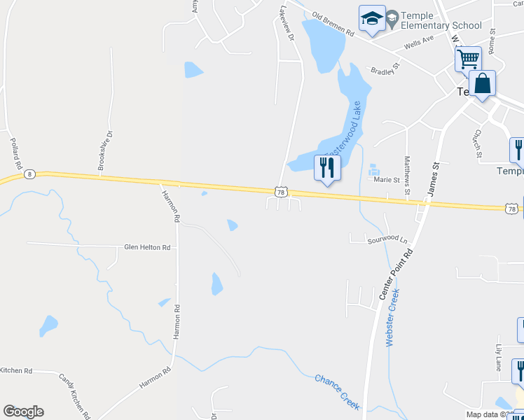 map of restaurants, bars, coffee shops, grocery stores, and more near 413 Bedrock Place in Temple