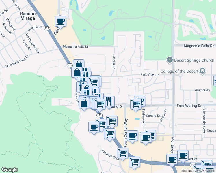 map of restaurants, bars, coffee shops, grocery stores, and more near 72280 California 111 in Palm Desert