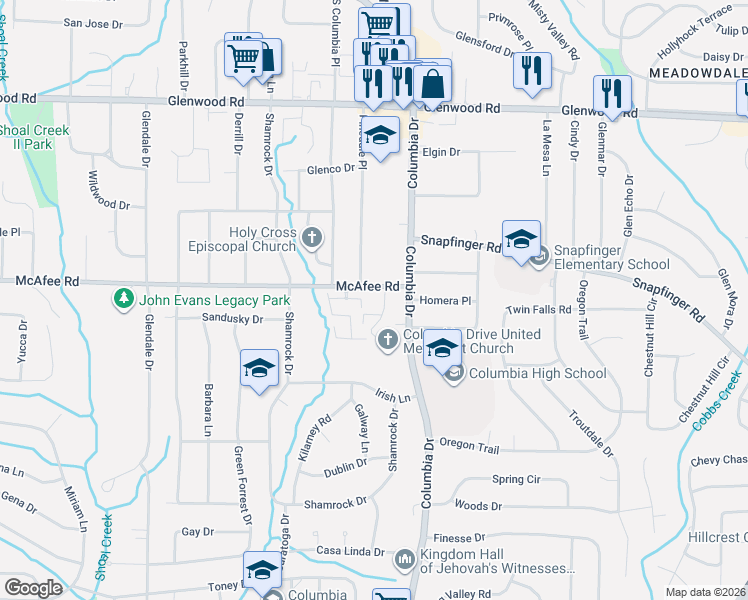 map of restaurants, bars, coffee shops, grocery stores, and more near 2029 Oak Park Lane in Decatur