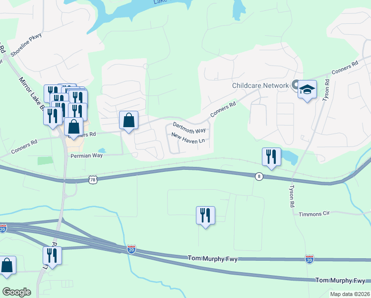 map of restaurants, bars, coffee shops, grocery stores, and more near 2078 Dartmoth Way in Villa Rica