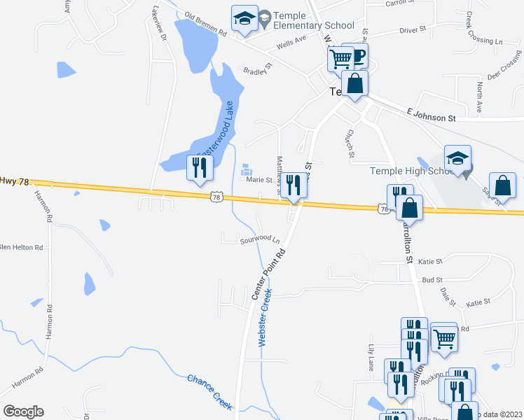 map of restaurants, bars, coffee shops, grocery stores, and more near 273 Dahoon Drive in Temple