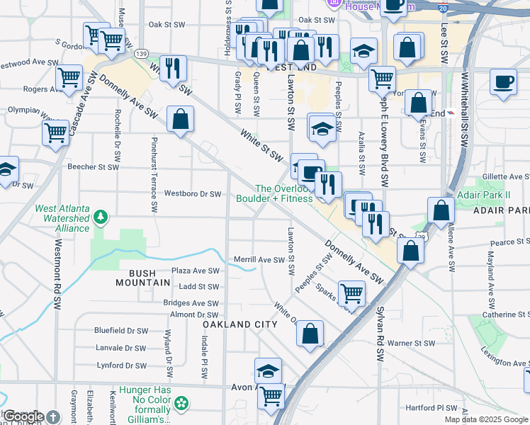 map of restaurants, bars, coffee shops, grocery stores, and more near 1122 Richland Road Southwest in Atlanta