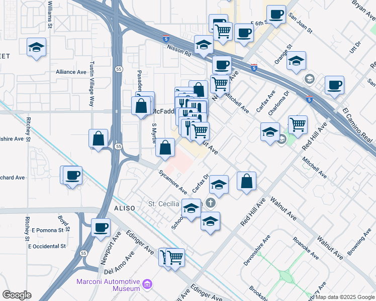 map of restaurants, bars, coffee shops, grocery stores, and more near 14662 Newport Avenue in Tustin