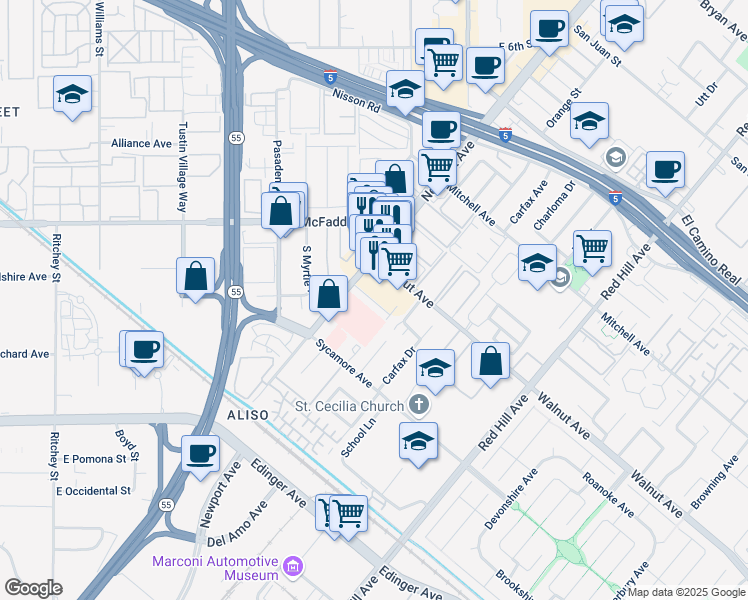 map of restaurants, bars, coffee shops, grocery stores, and more near 14662 Newport Avenue in Tustin