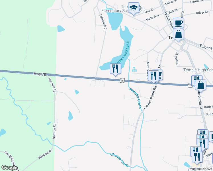 map of restaurants, bars, coffee shops, grocery stores, and more near 108 Bedrock Place in Temple