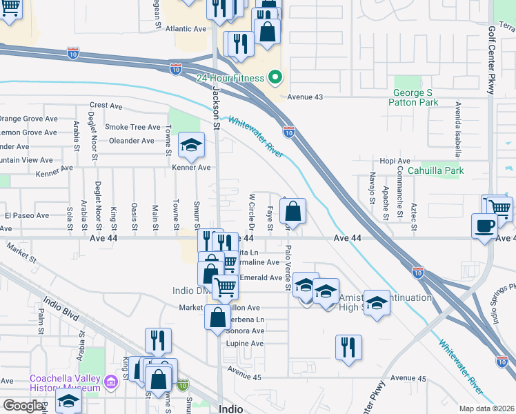 map of restaurants, bars, coffee shops, grocery stores, and more near 43780 West Circle Drive in Indio
