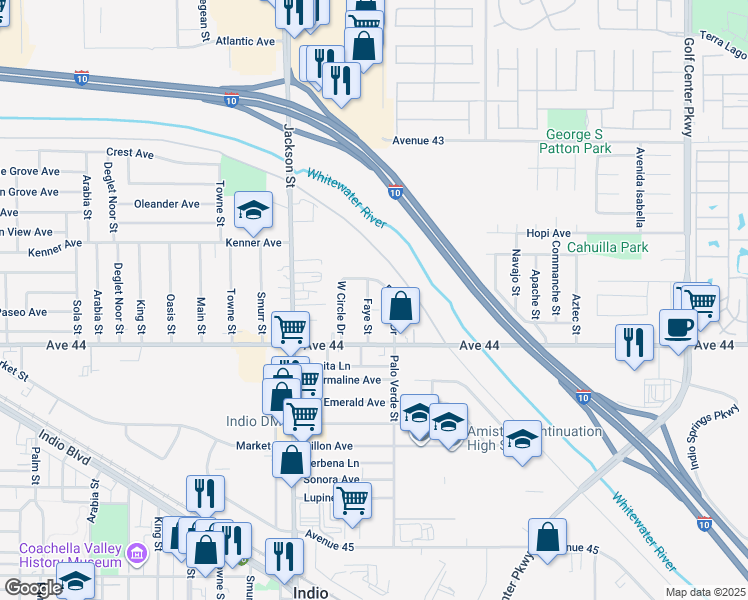map of restaurants, bars, coffee shops, grocery stores, and more near 43750 Faye Street in Indio
