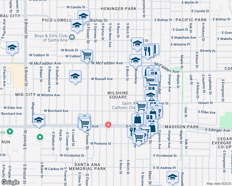 map of restaurants, bars, coffee shops, grocery stores, and more near 1305 South Van Ness Avenue in Santa Ana