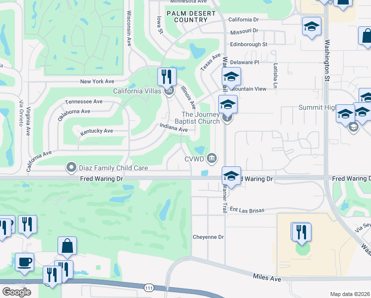 map of restaurants, bars, coffee shops, grocery stores, and more near 43705 Elkhorn Trail in Palm Desert