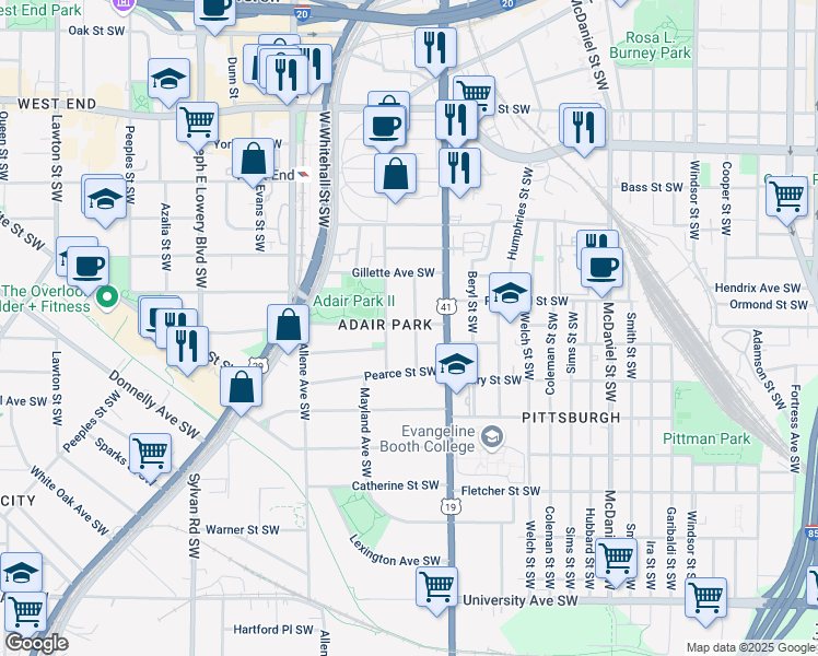 map of restaurants, bars, coffee shops, grocery stores, and more near 875 Oakhill Avenue Southwest in Atlanta