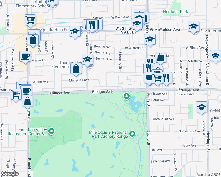map of restaurants, bars, coffee shops, grocery stores, and more near in Fountain Valley