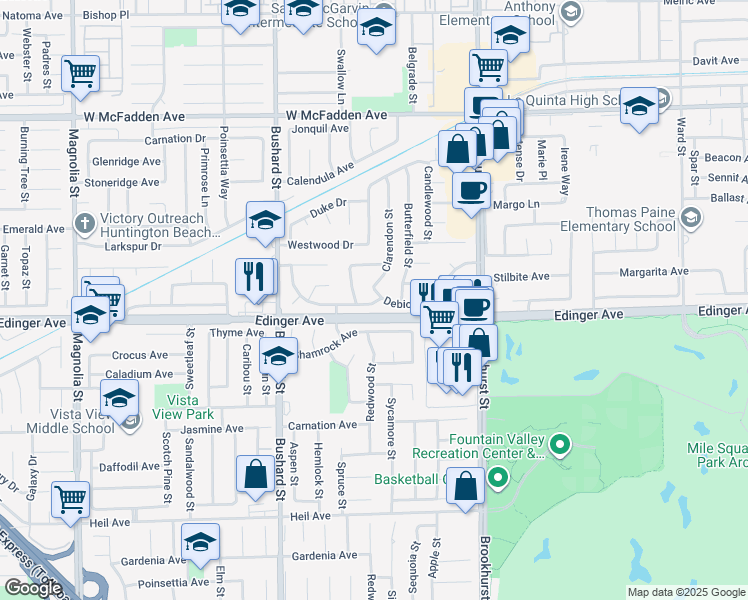 map of restaurants, bars, coffee shops, grocery stores, and more near 15965 Clarendon Street in Fountain Valley