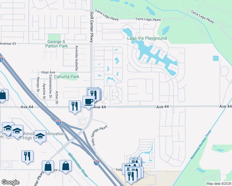 map of restaurants, bars, coffee shops, grocery stores, and more near 84136 Avenue 44 in Indio