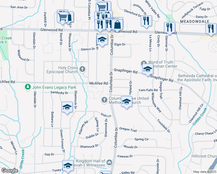 map of restaurants, bars, coffee shops, grocery stores, and more near 2016 Oak Park Lane in Decatur