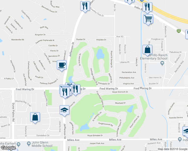 map of restaurants, bars, coffee shops, grocery stores, and more near 80370 Royal Aberdeen Drive in Indio