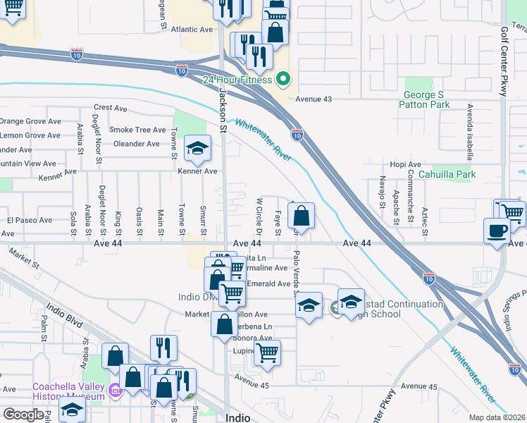 map of restaurants, bars, coffee shops, grocery stores, and more near 43780 West Circle Drive in Indio