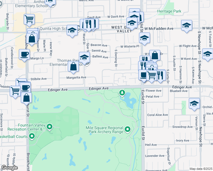 map of restaurants, bars, coffee shops, grocery stores, and more near 10688 Morning Glory Avenue in Fountain Valley