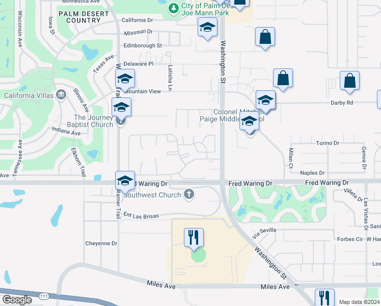 map of restaurants, bars, coffee shops, grocery stores, and more near 43736 Avenue Alicante in Palm Desert