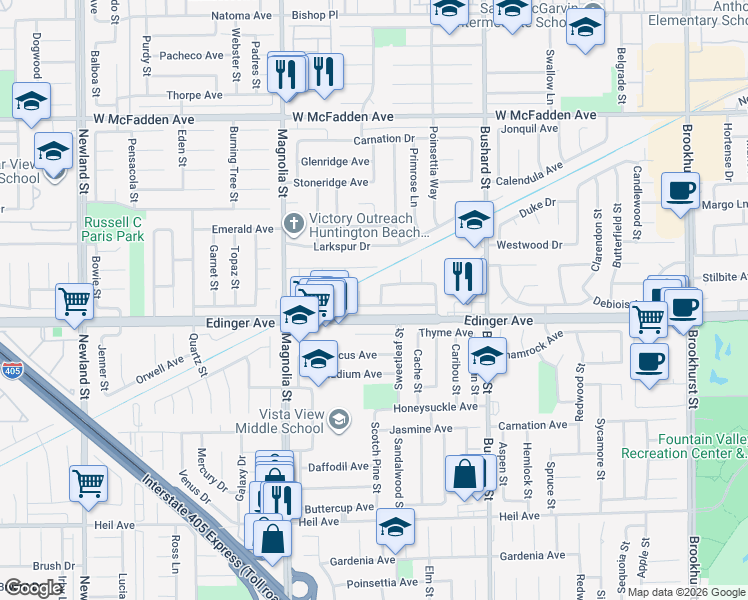 map of restaurants, bars, coffee shops, grocery stores, and more near 15951 Royal Place in Westminster