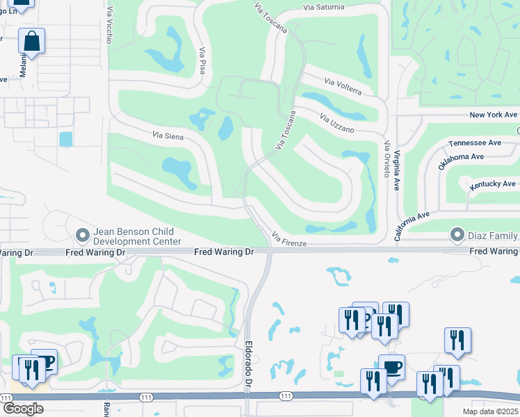 map of restaurants, bars, coffee shops, grocery stores, and more near 76044 Via Firenze in Indian Wells