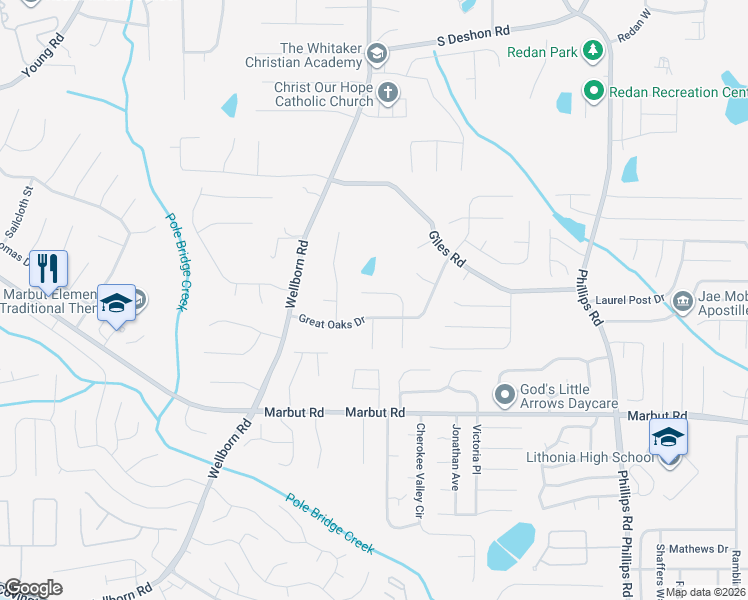 map of restaurants, bars, coffee shops, grocery stores, and more near 6038 Great Oaks Drive in Lithonia