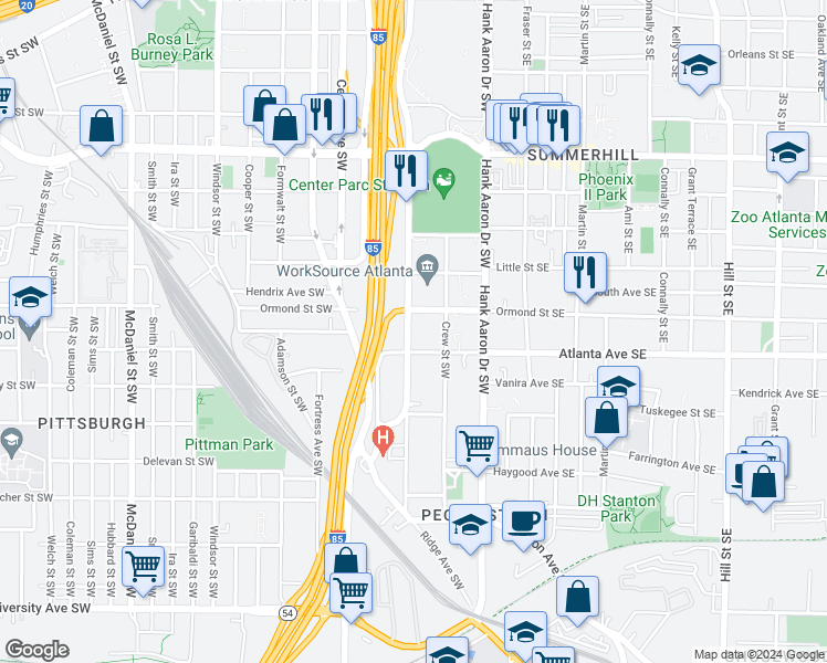 map of restaurants, bars, coffee shops, grocery stores, and more near 872 Washington Street Southwest in Atlanta