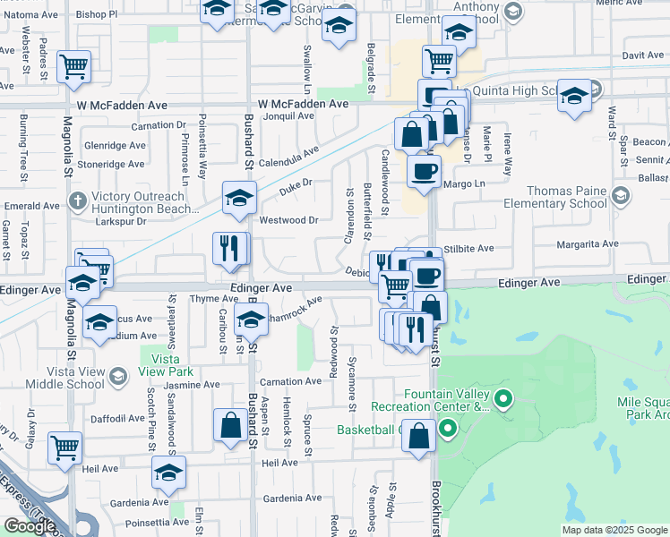 map of restaurants, bars, coffee shops, grocery stores, and more near 15965 Clarendon Street in Fountain Valley