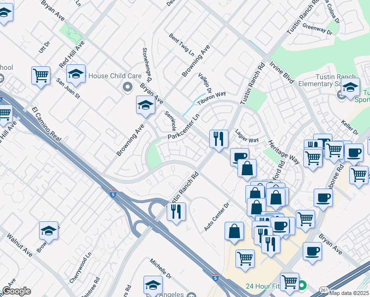 map of restaurants, bars, coffee shops, grocery stores, and more near 13583 Almond Street in Tustin