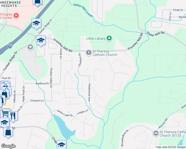 map of restaurants, bars, coffee shops, grocery stores, and more near 9254 Parkwood Avenue in Douglasville