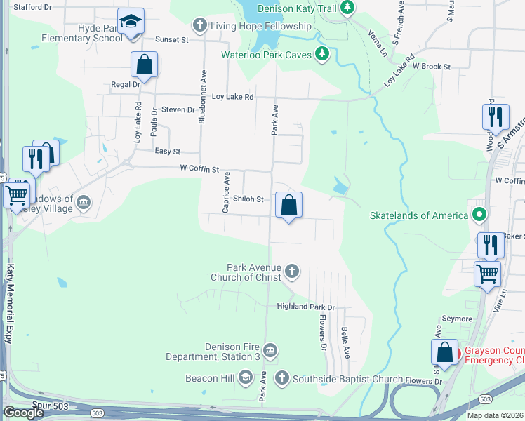 map of restaurants, bars, coffee shops, grocery stores, and more near 2130 Deer Run in Denison