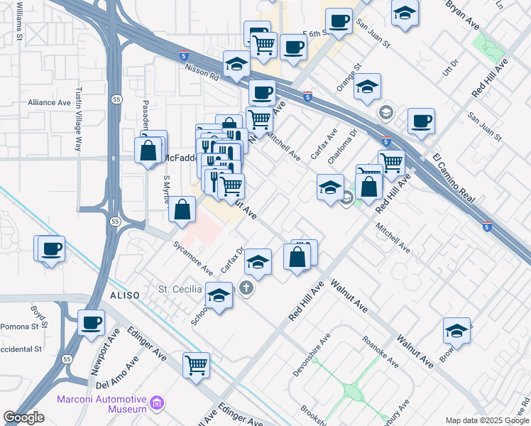 map of restaurants, bars, coffee shops, grocery stores, and more near 1201 Walnut Avenue in Tustin