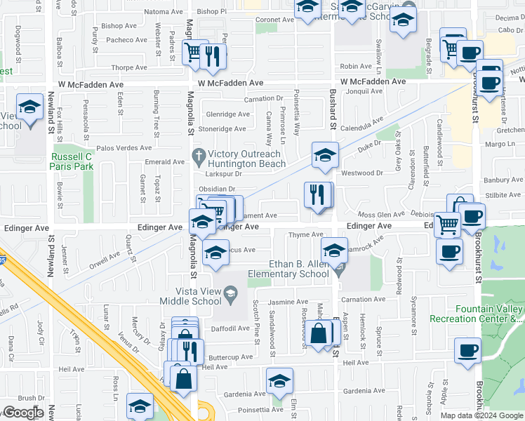 map of restaurants, bars, coffee shops, grocery stores, and more near 9251 Parliament Avenue in Westminster