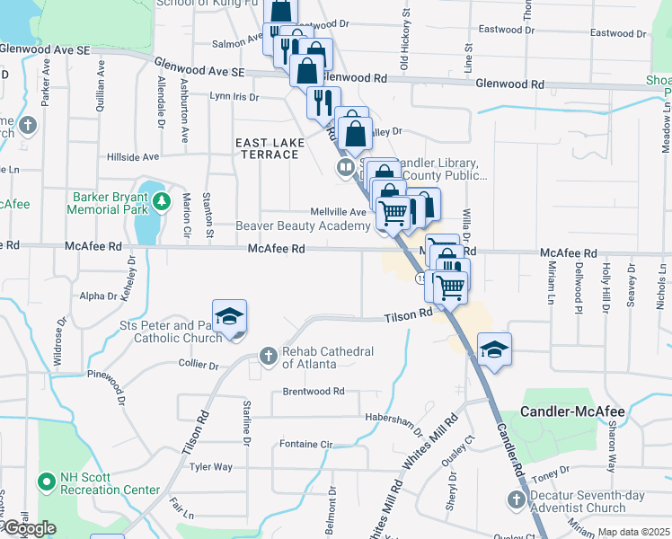 map of restaurants, bars, coffee shops, grocery stores, and more near 2533 McAfee Road in Decatur