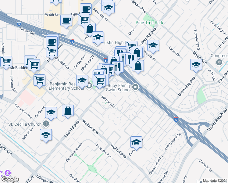 map of restaurants, bars, coffee shops, grocery stores, and more near 14192 Rosalie Place in Tustin