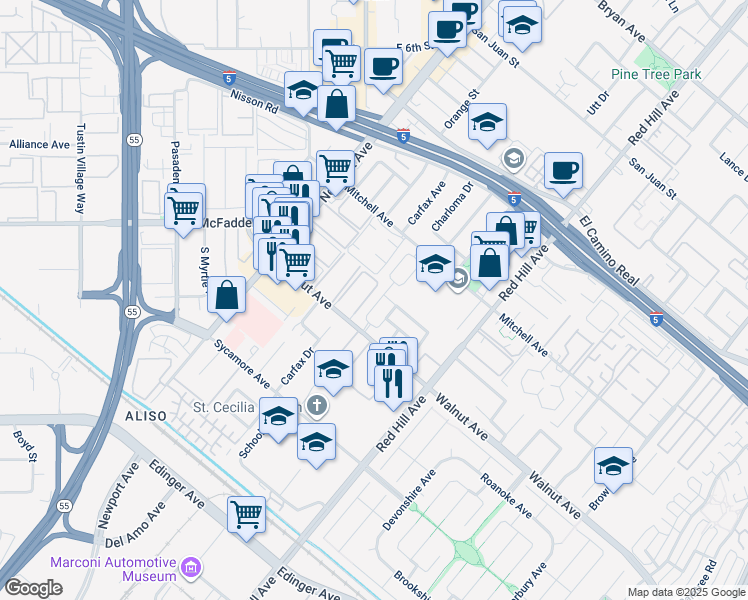 map of restaurants, bars, coffee shops, grocery stores, and more near 14462 Wildeve Lane in Tustin