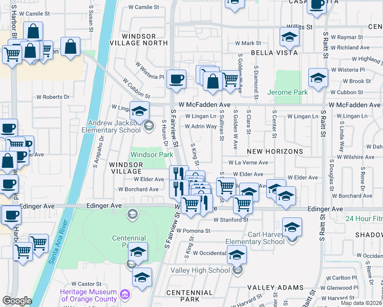map of restaurants, bars, coffee shops, grocery stores, and more near 2613 West La Verne Avenue in Santa Ana