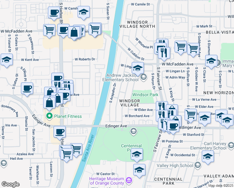 map of restaurants, bars, coffee shops, grocery stores, and more near 1301 South Shawnee Drive in Santa Ana