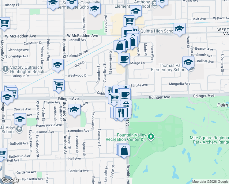map of restaurants, bars, coffee shops, grocery stores, and more near 9850 Debiois Avenue in Fountain Valley