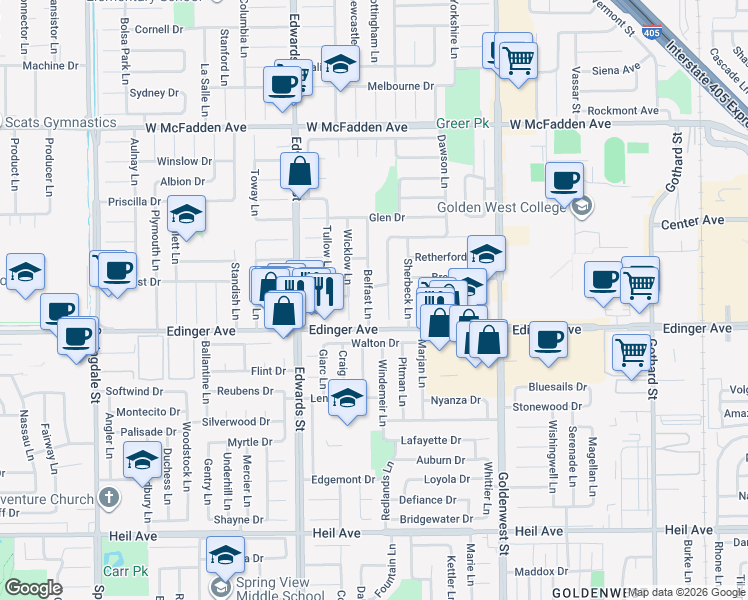 map of restaurants, bars, coffee shops, grocery stores, and more near 15961 Belfast Lane in Huntington Beach