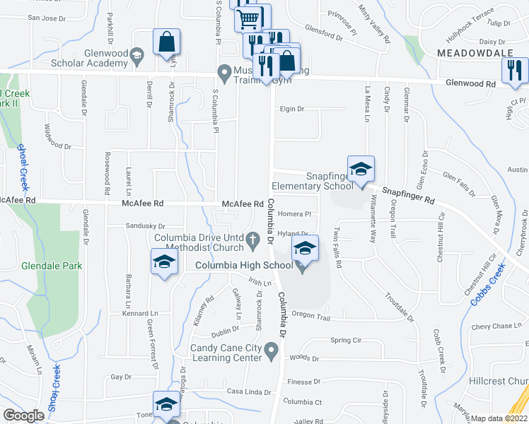 map of restaurants, bars, coffee shops, grocery stores, and more near 2016 Oak Park Lane in Decatur